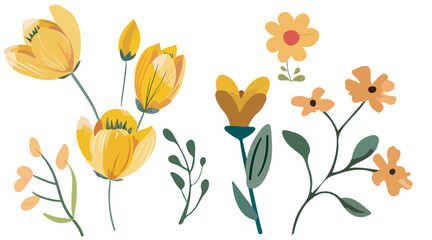 Collection of spring colorful bouquet flower elements vector. Set Botanical floral of wild flower, leaf branch, foliage on white background.