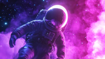 Fototapeta premium Abstract astronaut, thin outline, floating through dark space 