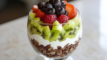 Layered yogurt parfait with fresh fruit and granola