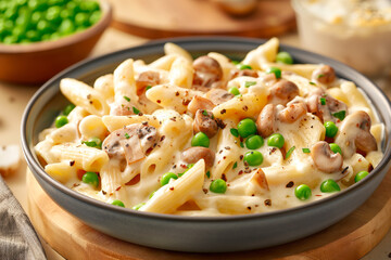 Warm and creamy penne pasta with mushrooms and green peas served in a rustic bowl, perfect for a cozy meal at home on a chilly evening