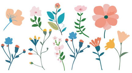 Collection of spring colorful bouquet flower elements vector. Set Botanical floral of wild flower, leaf branch, foliage on white background.