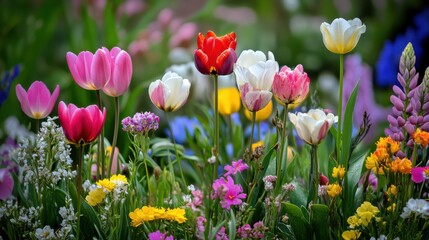 Obraz premium A garden of various blooming flowers, each flower uniquely representing different cultures and identities, Symbolizing the beauty and growth fostered by diversity