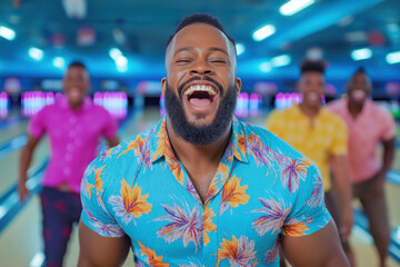 Joyful bowling night featuring a African American man in a vibrant floral shirt, enjoying quality time with friends in a lively bowling alley setting
