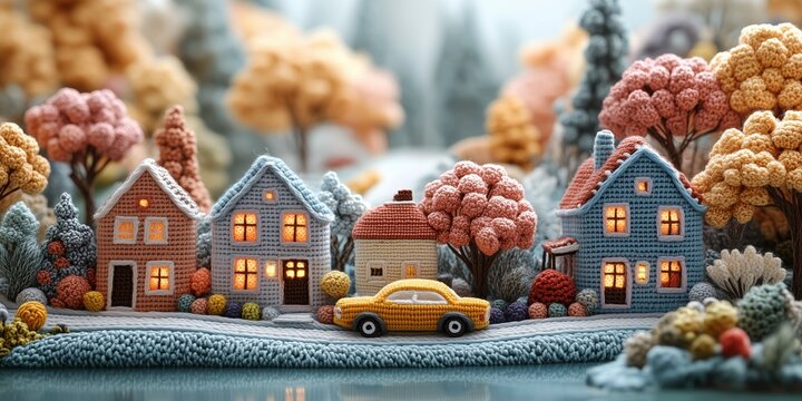 Cotton's miniature cozy winter street with cottages surrounded by plants, a road and a yellow car