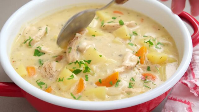 Chicken stew in creamy sauce with potatoes and carrots in red saucepan. Comfort food concept.