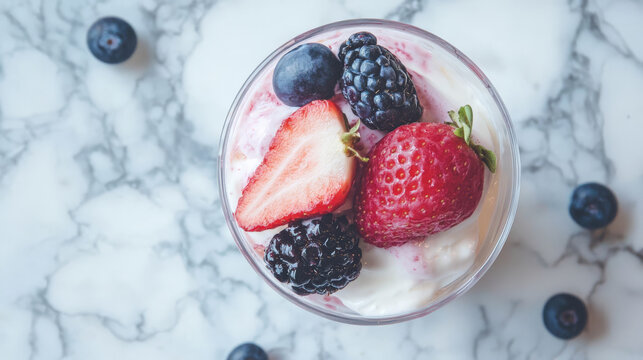 Delicious Greek yogurt parfait with fresh berries on marble surface