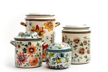 Floral Design Enamelware Canisters Isolated On White
