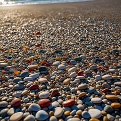 Obraz premium Pebble Beach: Smooth, multicolored pebbles glistening under the sun on a tranquil shore.