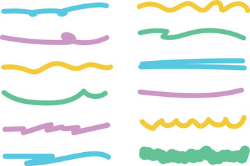 手書きカラフルな蛍光ペン マーカーラインのアンダーラインセットイラスト