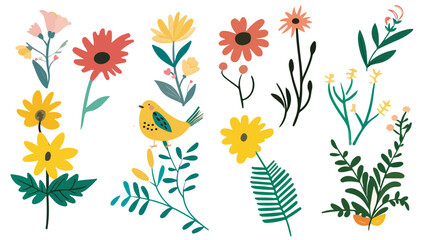 Collection of spring colorful bouquet flower elements vector. Set Botanical floral of wild flower, leaf branch, foliage on white background.