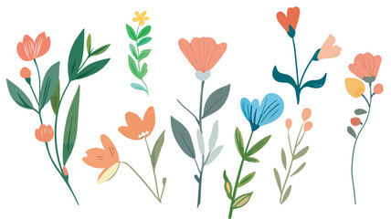 Collection of spring colorful bouquet flower elements vector. Set Botanical floral of wild flower, leaf branch, foliage on white background.
