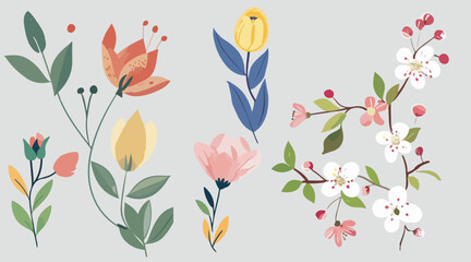 Collection of spring colorful bouquet flower elements vector. Set Botanical floral of wild flower, leaf branch, foliage on white background.