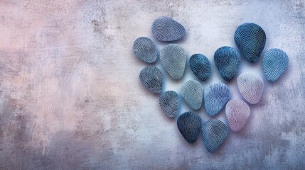 A group of diverse fingerprints arranged in a heart shape, symbolizing the unique identity of each individual within a community, minimalistic photography style