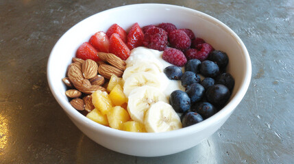 bowl of Greek yogurt with fresh fruits and nuts on table