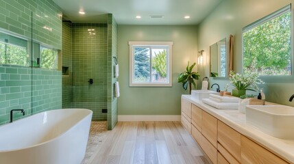 Modern Bathroom with Green Tiles and Natural Light