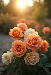 A close-up of several orange and white roses with blurred background
