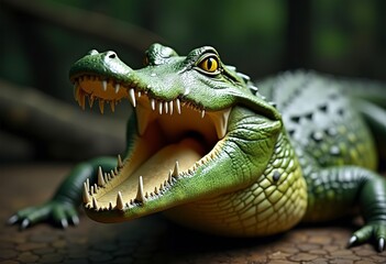 Obraz premium A close-up of a green crocodile or alligator with its mouth open, revealing sharp teeth