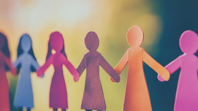 A group of diverse paper dolls holding hands, representing unity and diversity, minimalistic photography style