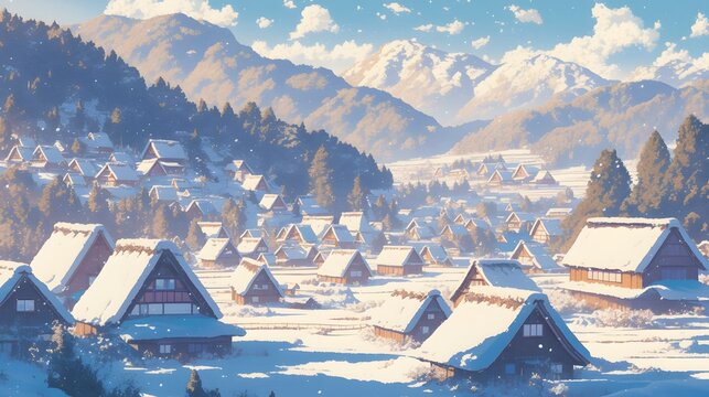 Vintage snow-covered village in peaceful winter setting, anime style, ideal for illustrating warmth and nostalgia