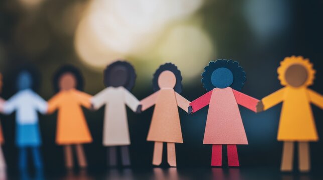 A group of diverse paper dolls holding hands, representing unity and diversity, minimalistic photography style