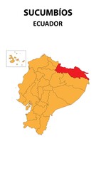 Sucumbíos Map is highlighted on the Ecuador map with detailed state and region outlines.