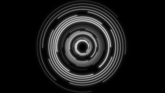 Rotating and turning interlocking and nesting circles, rings with glow effect, transparent background with alpha channel