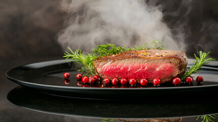 Perfectly cooked steak with a medium-rare center, garnished with herbs and served with red berries, showcasing gourmet presentation.
