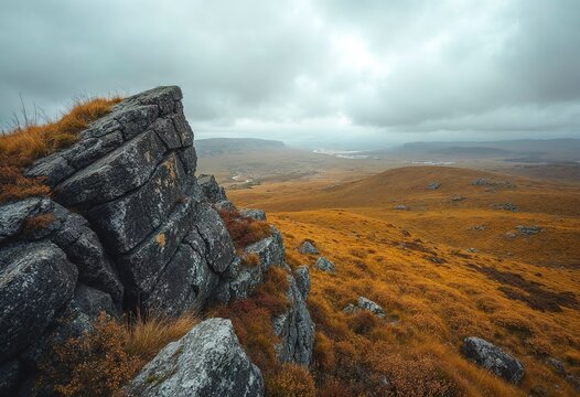 A rocky outcrop overlooking a vast, golden heathland under a dramatic cloudy sky - Powered by Adobe