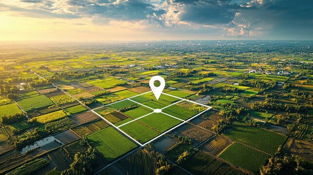 A scenic aerial shot of a diverse farmland landscape with a prominent location pin marking a specific area.