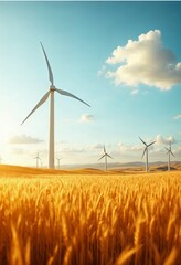 A tall white wind turbine in a field of golden wheat, with other wind turbines visible in the background against a clear blue sky