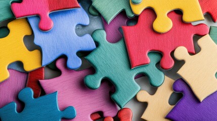 Fototapeta premium A harmonious arrangement of abstract, multi-colored interlocking puzzle pieces forming a unified image on a neutral backdrop