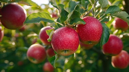 Obraz premium A vibrant image of ripe red apples hanging from a tree branch, ready for harvest.