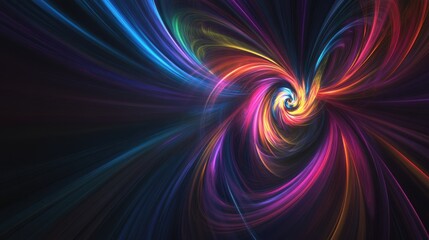 A harmonious scene of multi-colored abstract spirals radiating from a central point, forming a unified, glowing pattern on a dark surface