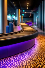 A modern luggage carousel with vibrant purple lighting, showcasing an inviting atmosphere in an airport terminal.