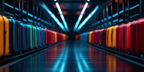 Fototapeta premium A vibrant corridor lined with colorful suitcases, illuminated by striking blue lights, creating a modern travel ambiance.