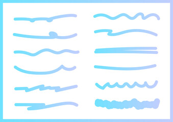 手書きの青色グラデーションの蛍光ペン マーカーラインのアンダーラインセットイラスト