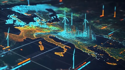 Digital map illustrating renewable energy resources and infrastructure across Europe for enhanced sustainability analysis