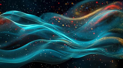 Fototapeta premium Abstract particles in motion, forming a smooth wave across a dark tech-inspired background