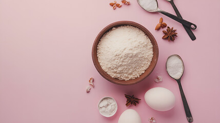 Assorted baking ingredients including flour, eggs, and spices on a pink background