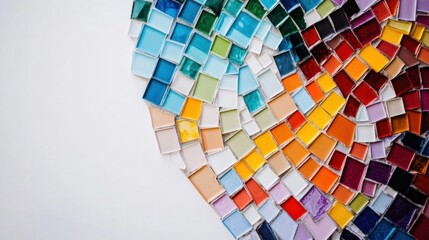 A mesmerizing visual of a diverse array of colorful mosaic tiles forming a radiant, intricate design on a clean white surface
