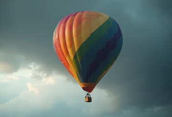 Fototapeta premium A colorful hot air balloon with a rainbow pattern, floating against a cloudy sky