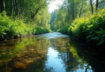 A serene river or stream surrounded by lush, green foliage and trees