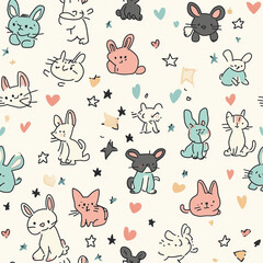 seamless pattern with cats and birds