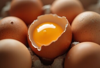 Brown eggs with one cracked open to reveal the yolk