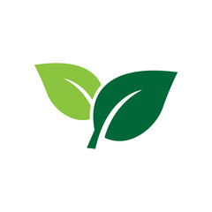 Green leaf icon with two leaves in two green tones representing young and mature foliage