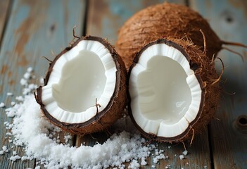 Cracked coconut halves with white coconut meat and coconut shell on a wooden surface
