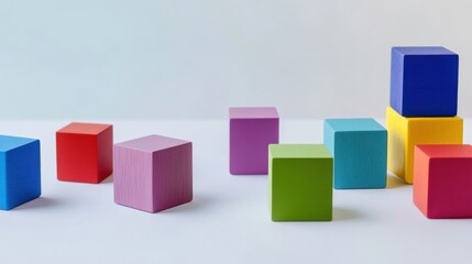 Obraz premium A minimalist scene of abstract colored blocks merging to form a cohesive, balanced pattern on a light background, Symbolizing the constructive combination of diverse ideas into a well-structured whole