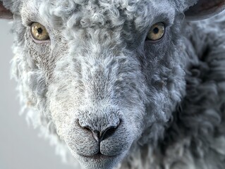 Close-up of a fluffy gray sheep's face.