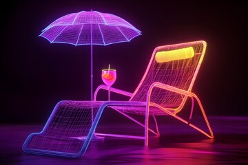 A modern and sleek neon wireframe beach chair accompanied by a refreshing cocktail and beach umbrella, isolated against a dark background.
