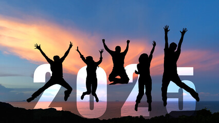 Silhouette happy business teamwork jumping congratulation and celebrate in Happy New year 2025 for change new life future concept. Freedom lifestyle group people team jump part of Number 2025 success